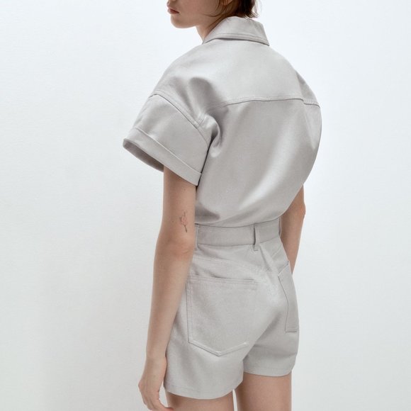 Zara Short Denim Romper Lapel Collar Pockets Shiny Jean Short Sleeve Bloggers XS - Picture 2 of 5